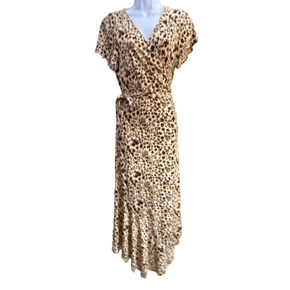 H by Halston Women's Leopard Print Wrap Dress Size Medium Asymmetrical Hem Cream - Picture 2 of 5